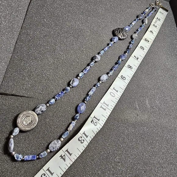 Blue Jasper Beaded Necklace With Silver Tone Greek Key Motif Center Bead 30 In o - Picture 2 of 8